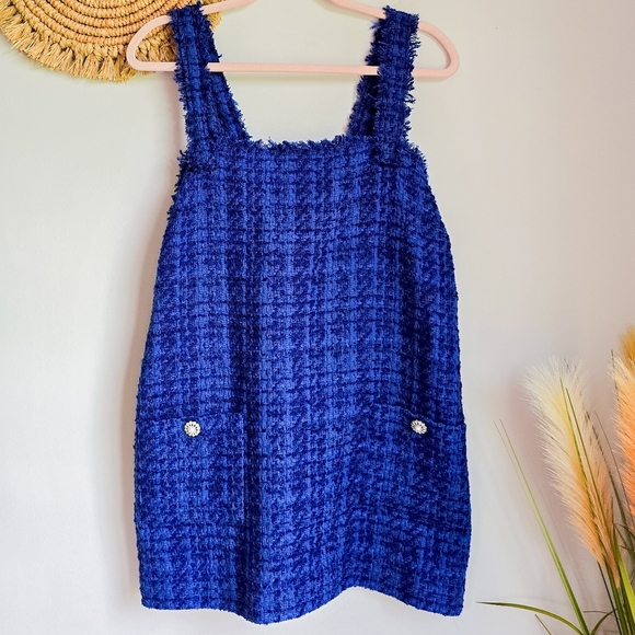ZARA, New Blue Tweed Pinafore Preppy Jeweled Pocket Mini Dress Womens Size XL - Picture 13 of 13